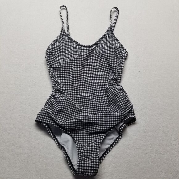 Kona Sol M Swimsuit One Piece Black White Plaid Classic Preppy Swim Beach Pool - Picture 1 of 11